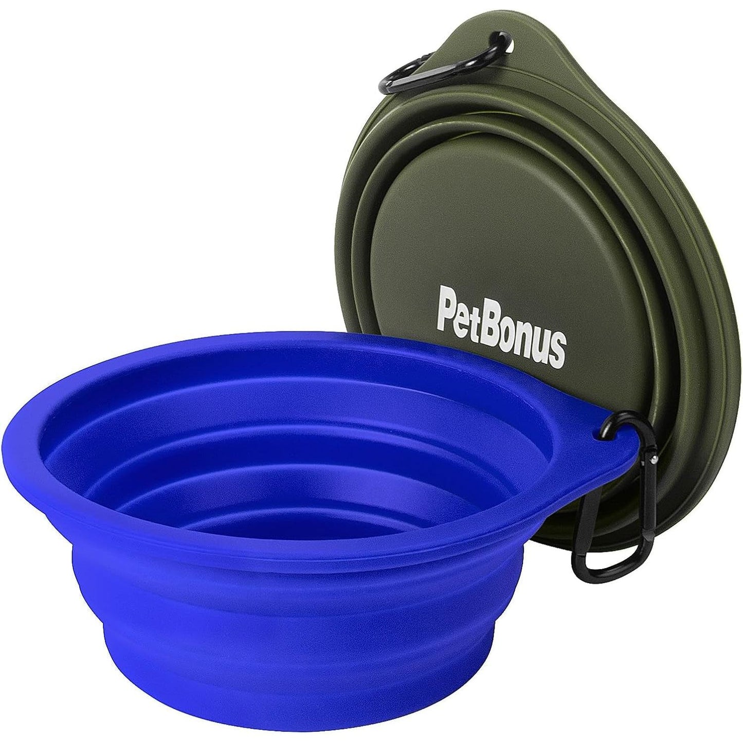 2-Pack Silicone Collapsible Dog Bowls, BPA Free Dishwasher Safe, Portable Foldable Expandable Travel Bowl, Food Water Feeding Cup Dish for Dogs Cats with 2 Carabiners (Army Green, Blue)