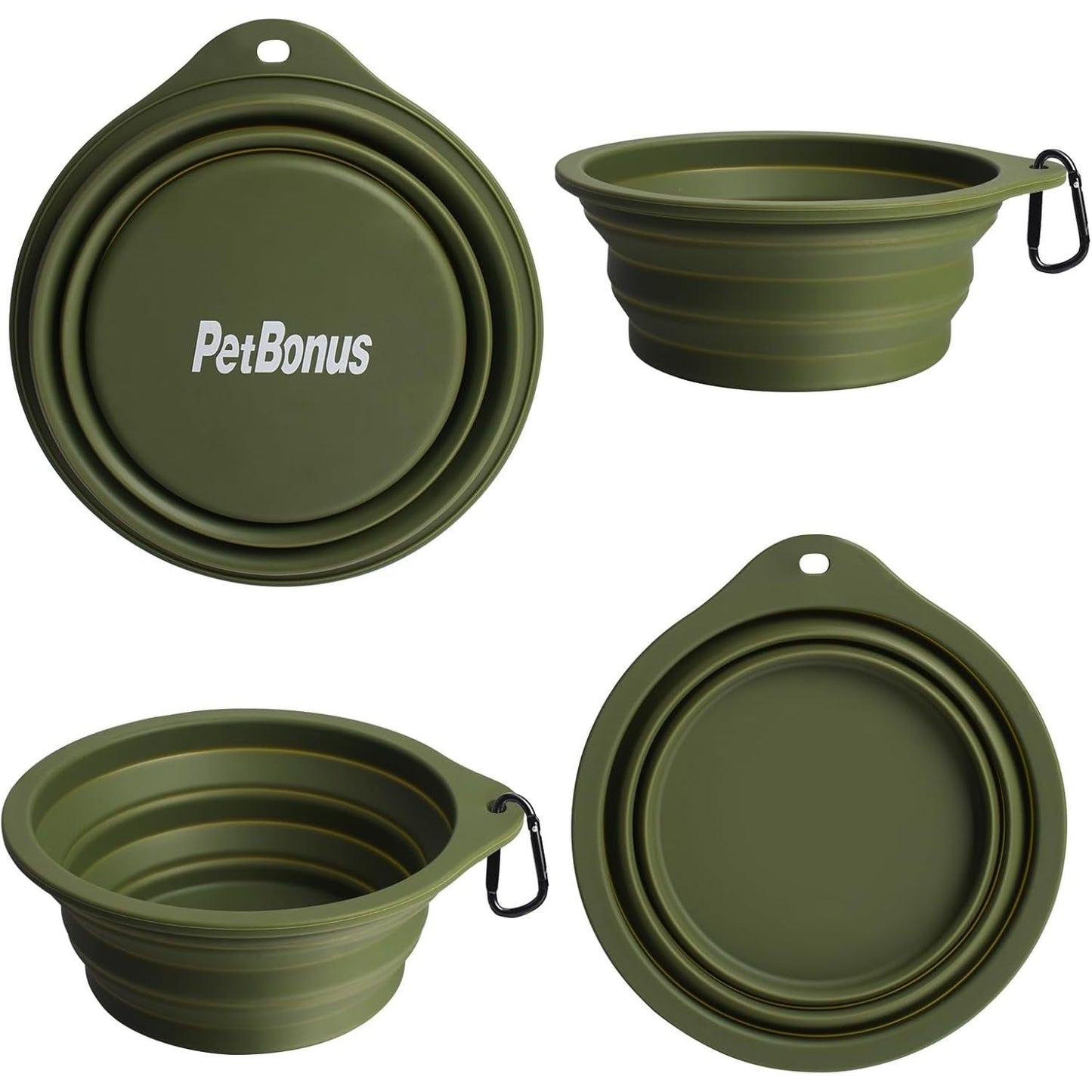 2-Pack Silicone Collapsible Dog Bowls, BPA Free Dishwasher Safe, Portable Foldable Expandable Travel Bowl, Food Water Feeding Cup Dish for Dogs Cats with 2 Carabiners (Army Green, Blue)
