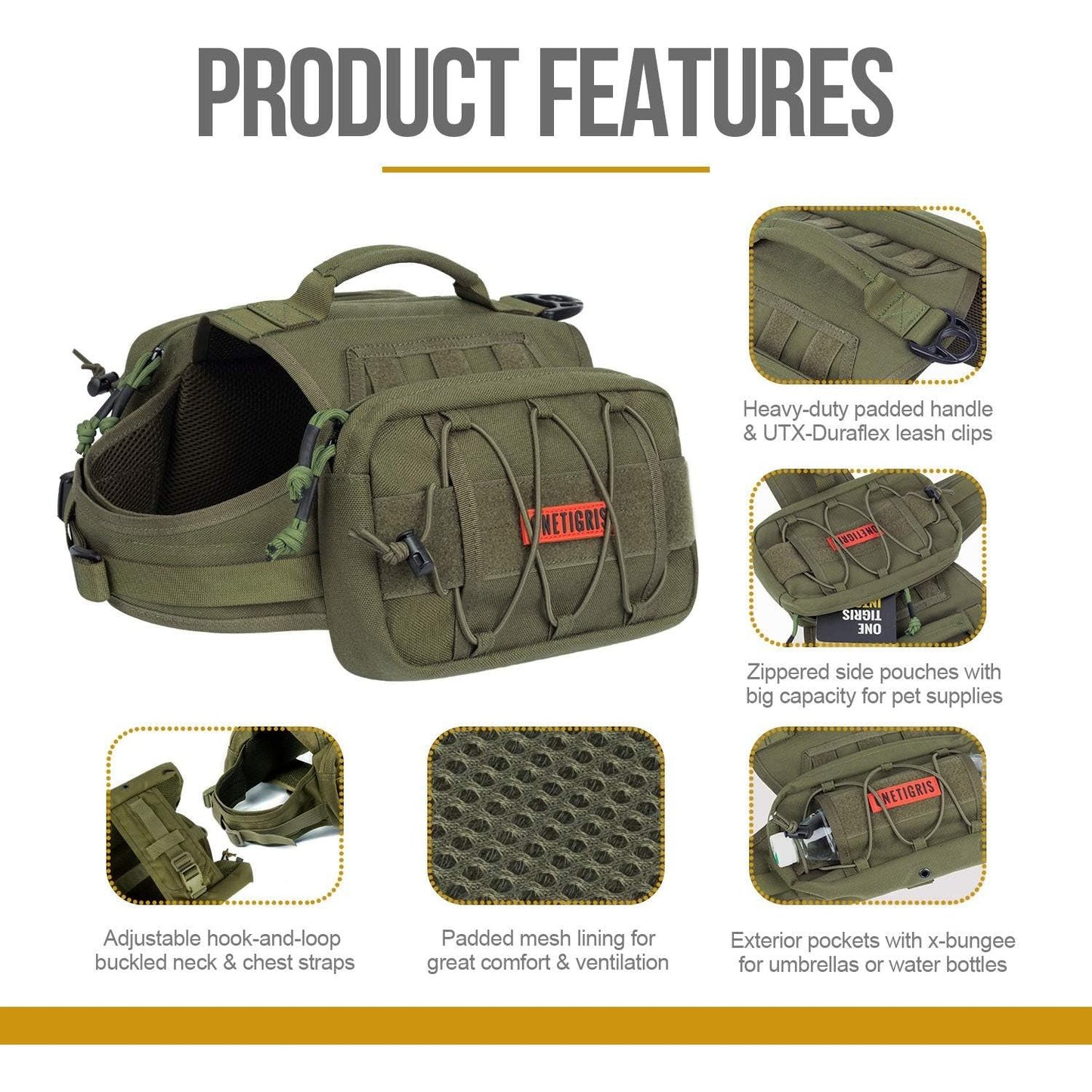 Dog Backpack for Medium & Large Dogs, Nylon Backpack for Dogs Tactical Pet Backpack with Side Pockets for Hiking Walking Training Running (Green, Large)