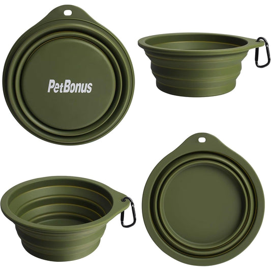 2-Pack Silicone Collapsible Dog Bowls, BPA Free Dishwasher Safe, Portable Foldable Expandable Travel Bowl, Food Water Feeding Cup Dish for Dogs Cats with 2 Carabiners (Army Green, Blue)