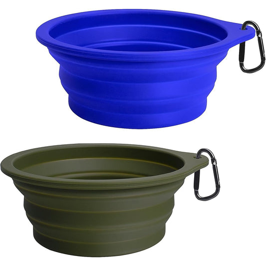 2-Pack Silicone Collapsible Dog Bowls, BPA Free Dishwasher Safe, Portable Foldable Expandable Travel Bowl, Food Water Feeding Cup Dish for Dogs Cats with 2 Carabiners (Army Green, Blue)