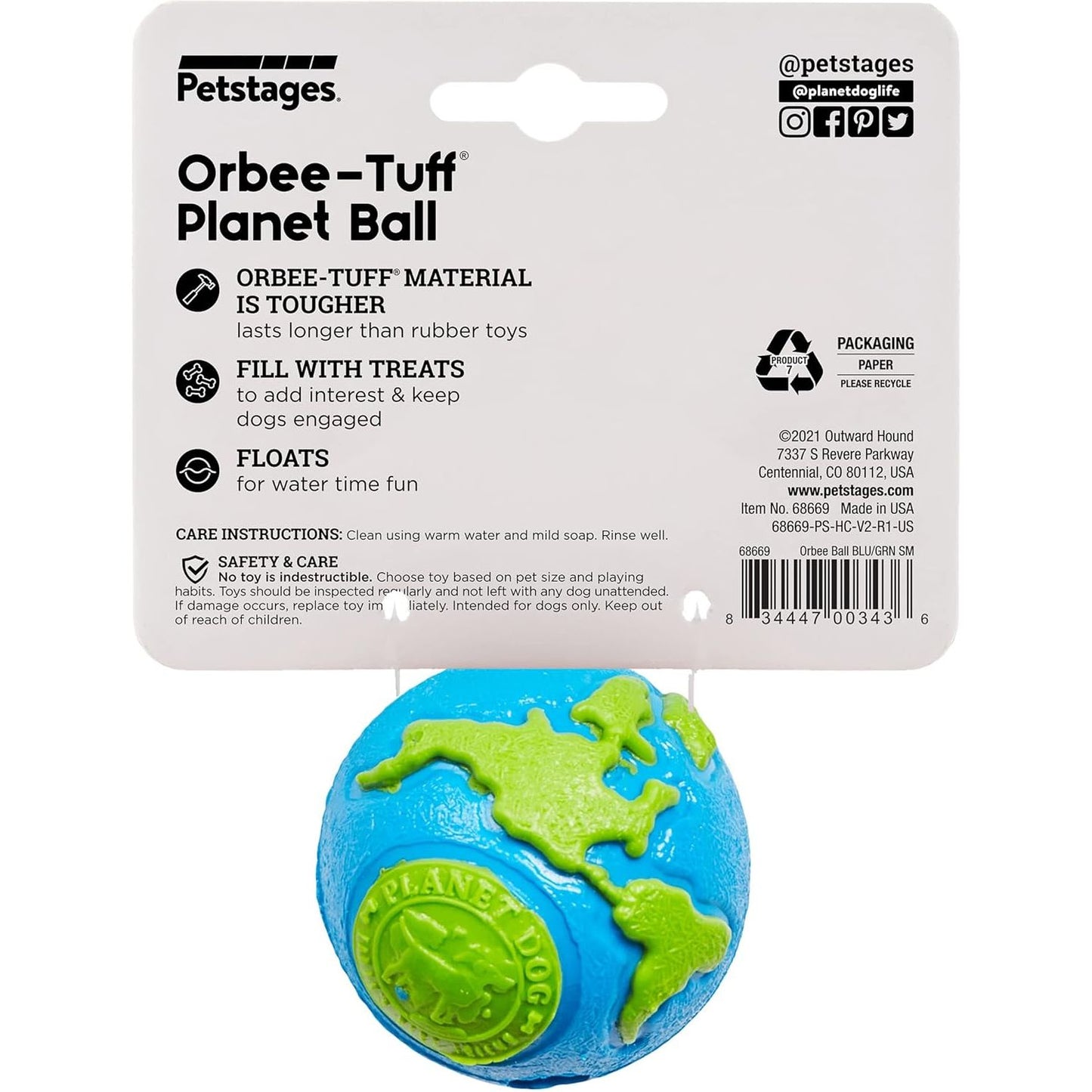 Outward Hound by  Orbee-Tuff Planet Ball Blue/Green Treat-Dispensing Dog Toy, Small
