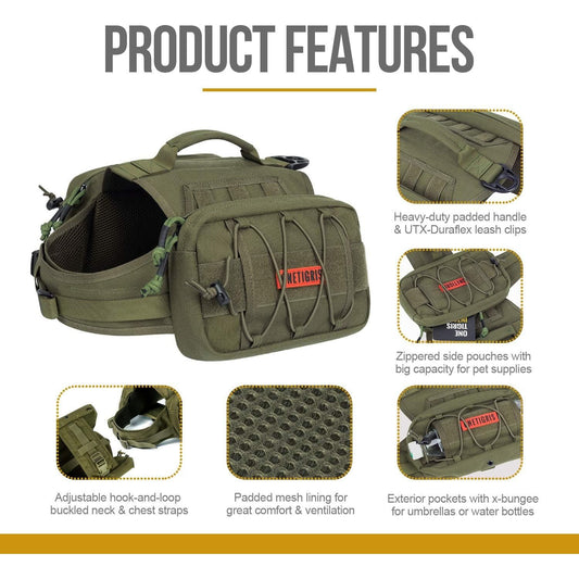 Dog Backpack for Medium & Large Dogs, Nylon Backpack for Dogs Tactical Pet Backpack with Side Pockets for Hiking Walking Training Running (Green, Large)